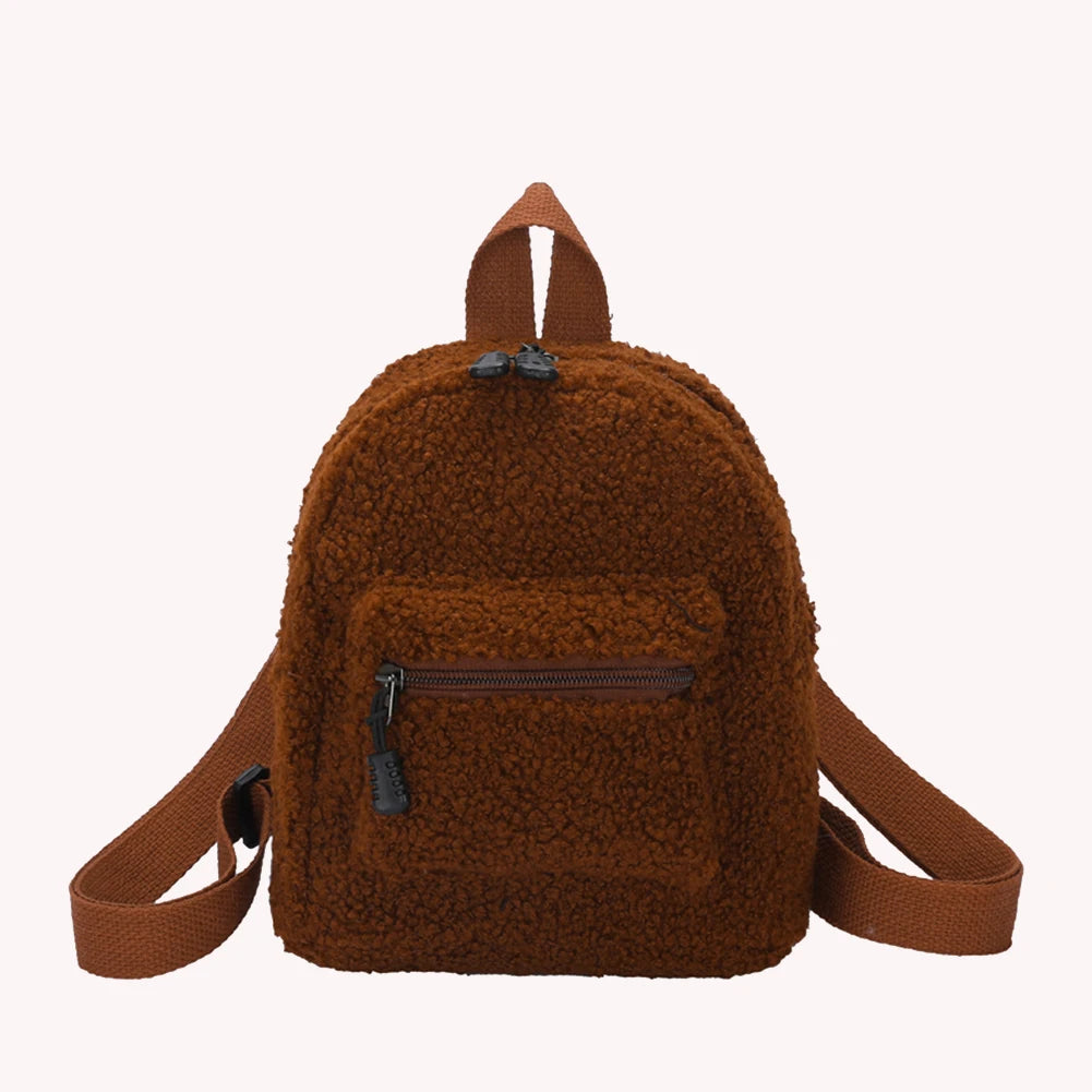 Female Preppy Style Lamb Wool Backpack Women Winter Solid Mini Rucksacks