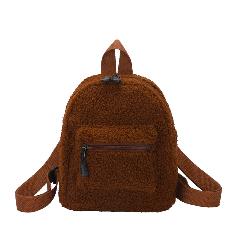 Female Preppy Style Lamb Wool Backpack Women Winter Solid Mini Rucksacks