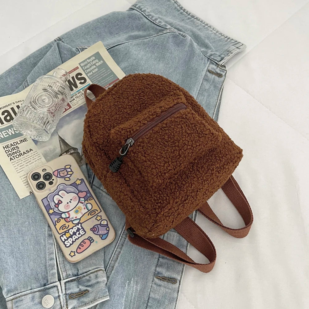 Female Preppy Style Lamb Wool Backpack Women Winter Solid Mini Rucksacks