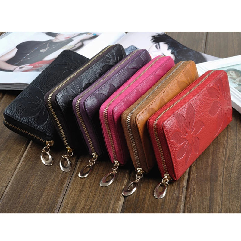 Women Leather Wallet Zip Flower Lady Long Purse Handbag