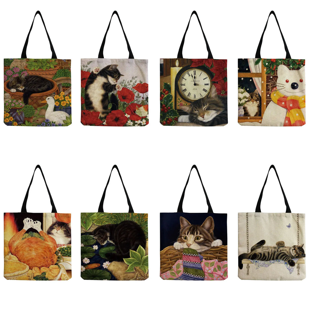 Cat Print Tote Bags For Women Shoulder Bag Handbags Eco Reusable