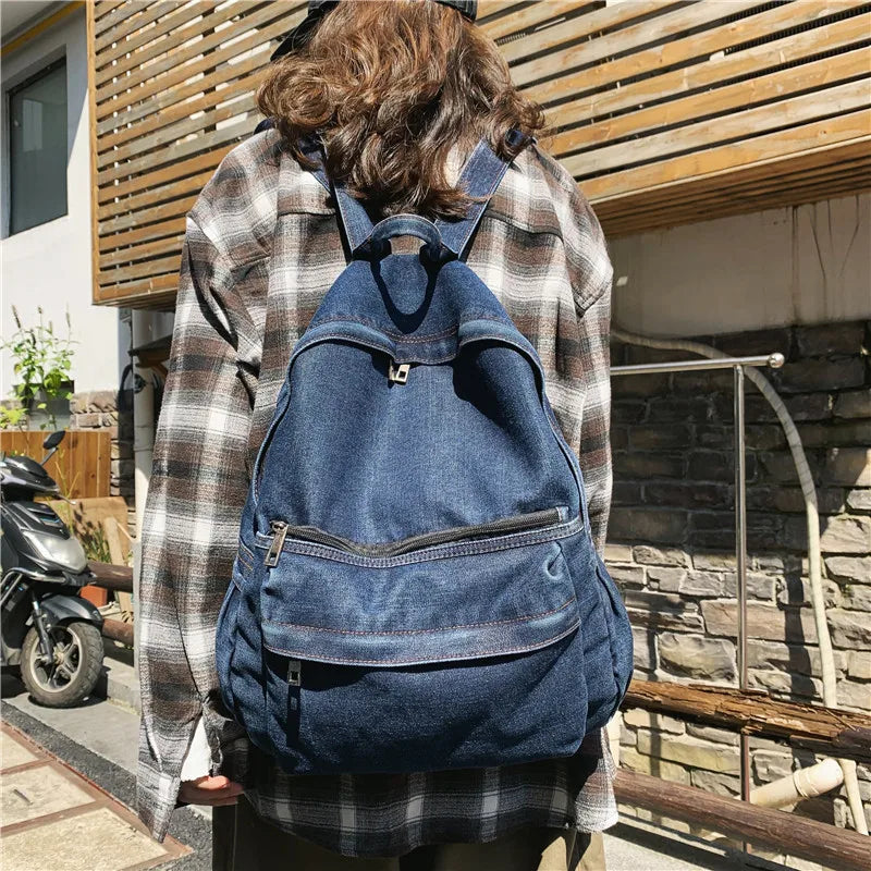 Vintage Denim School Backpack Soft Fabric Pockets Laptop Knapsack