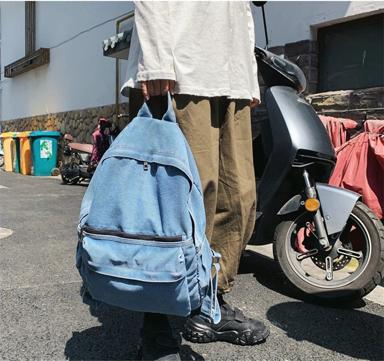 Vintage Denim School Backpack Soft Fabric Pockets Laptop Knapsack