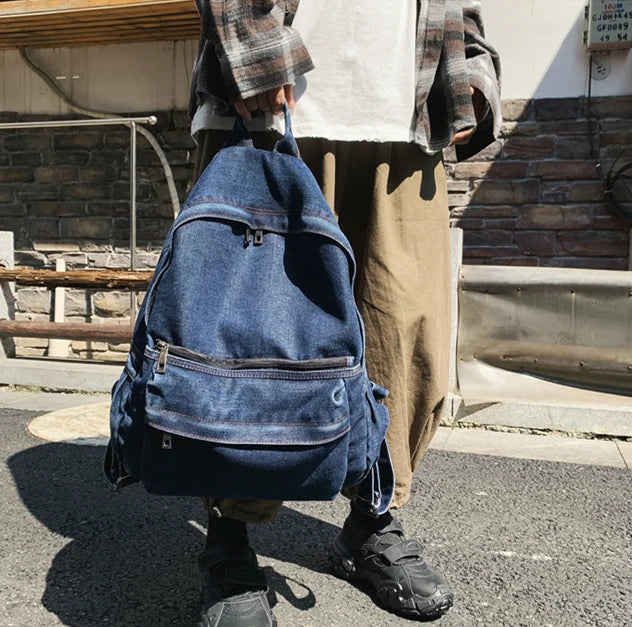 Vintage Denim School Backpack Soft Fabric Pockets Laptop Knapsack