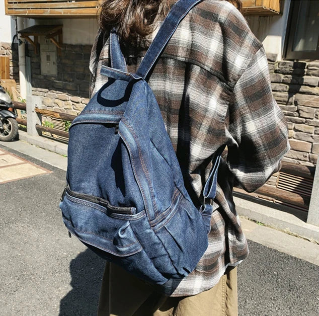 Vintage Denim School Backpack Soft Fabric Pockets Laptop Knapsack