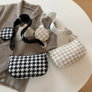 Vintage Plaid Printing Shoulder Bags with Mini Round Purse Pendant