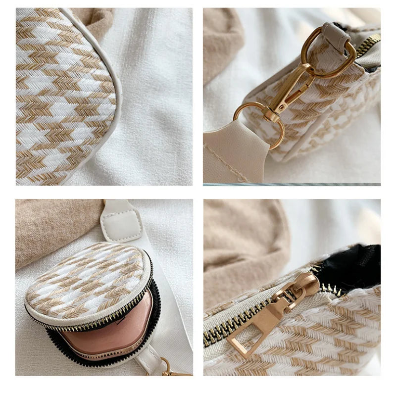 Vintage Plaid Printing Shoulder Bag Set with Mini Round Purse Pendant