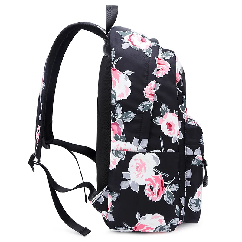 Girls Floral Backpack Set with Food Bag - Green Flowers School Bags
