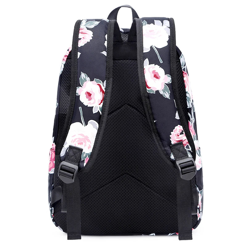 Girls Floral Backpack Set with Food Bag - Green Flowers School Bags