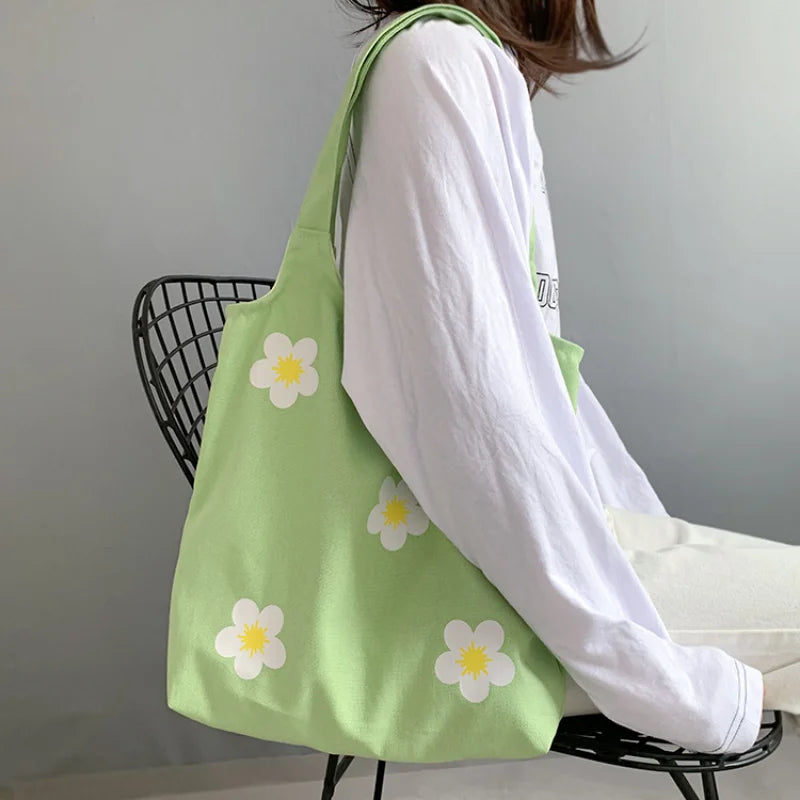 Flower Canvas Women's Bag Shoulder Art Ins Lovely Shopping Tote