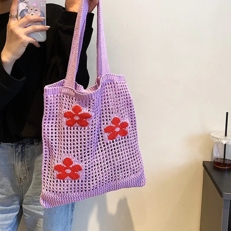 Flower Hollow Shoulder Bag Knitted Shopping Totes Handbag Braid Armpit Bag