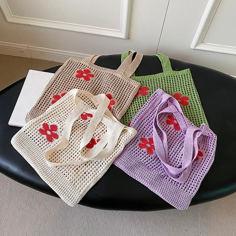 Flower Hollow Shoulder Bag Knitted Shopping Totes Handbag Braid Armpit Bag