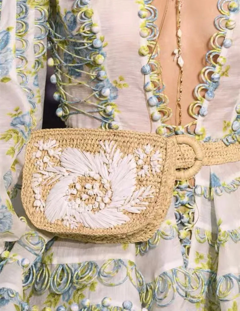 Flower Straw Waist Pack Grass Women Bag Purse