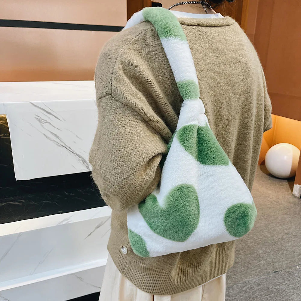 Heart Printed Plush Shoulder Bag for Women
