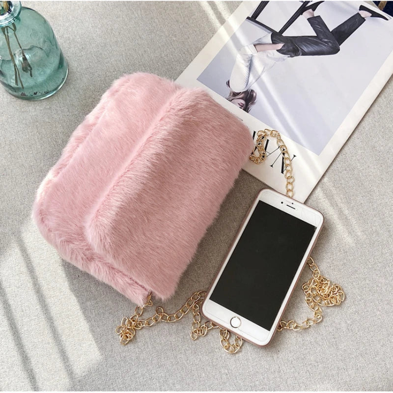 Fluffy Shoulder Bags Women Solid Crossbody Cover Flap Candy Winter Handbags