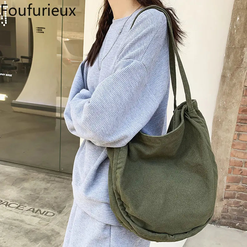 Foufurieux Canvas Bag Solid Retro Literature Large-capacity Tote