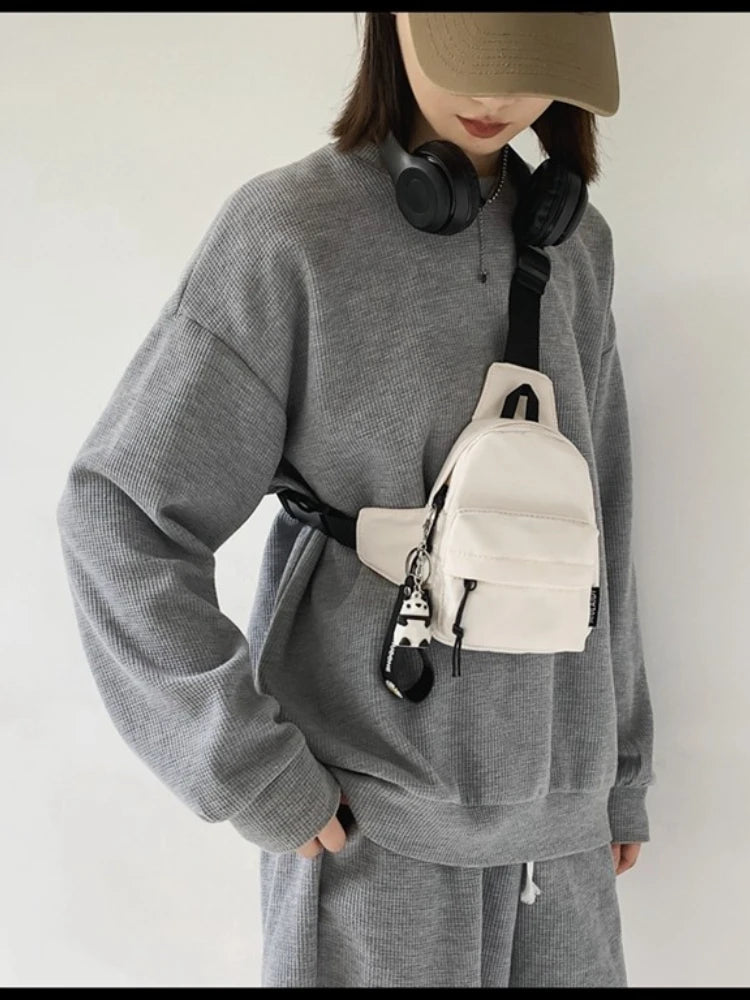 Foufurieux Canvas Fabric Unisex Chest Bag Shoulder Bags with Chain