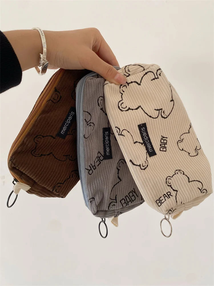 Japanese Retro Corduroy Pencil Case Baby Bear Stationery Storage Bag