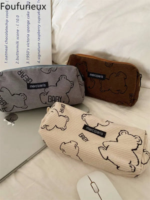 Japanese Retro Corduroy Pencil Case Baby Bear Stationery Storage Bag