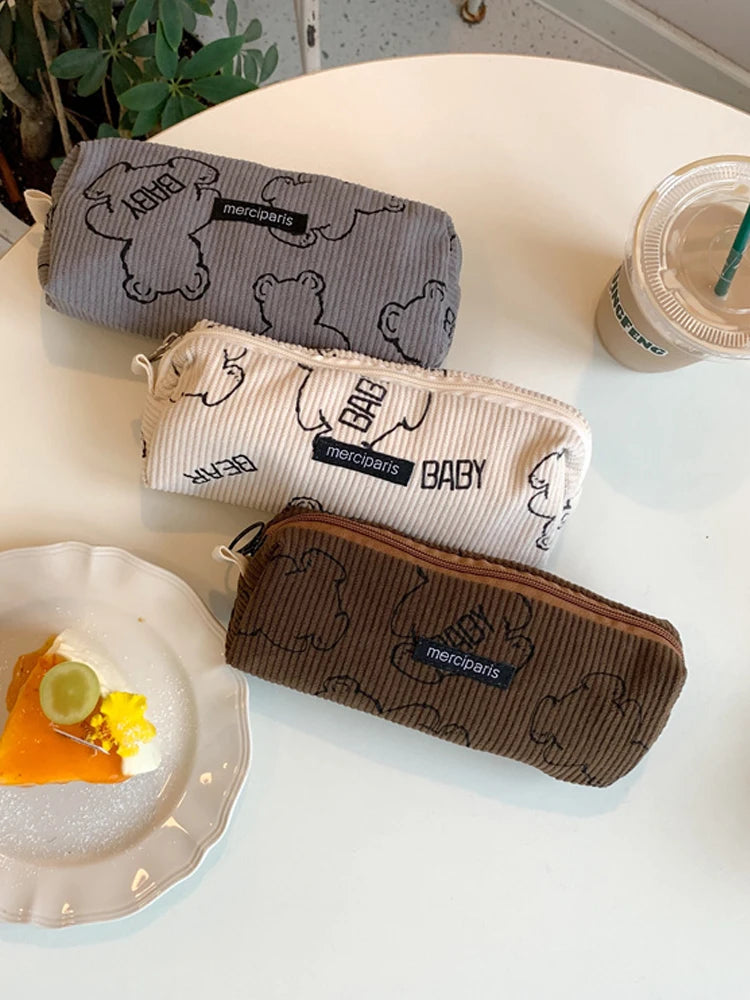 Japanese Retro Corduroy Pencil Case Baby Bear Stationery Storage Bag