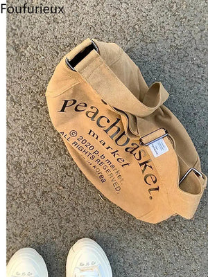 Retro Canvas Shoulder Bag Letter Print Large Capacity Messenger Bag