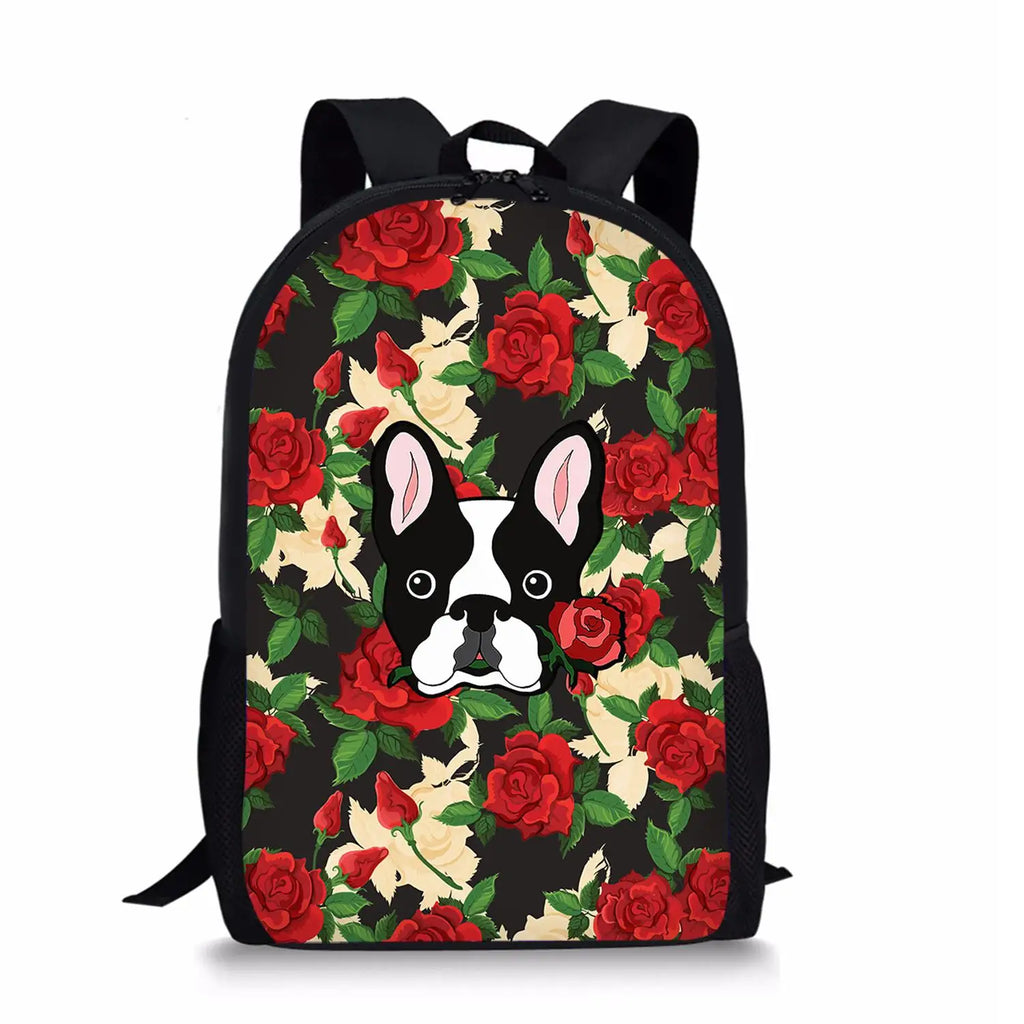 French Bulldog Girls School Bag Flowers Dog Prints Kids Backpack