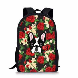 French Bulldog Girls School Bag Flowers Dog Prints Kids Backpack