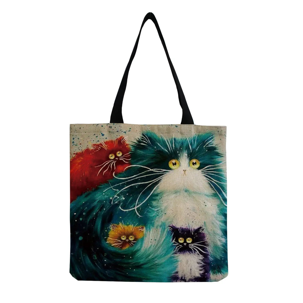 Cartoon Cat Print Tote Bag For Women Reusable Shoulder Bag