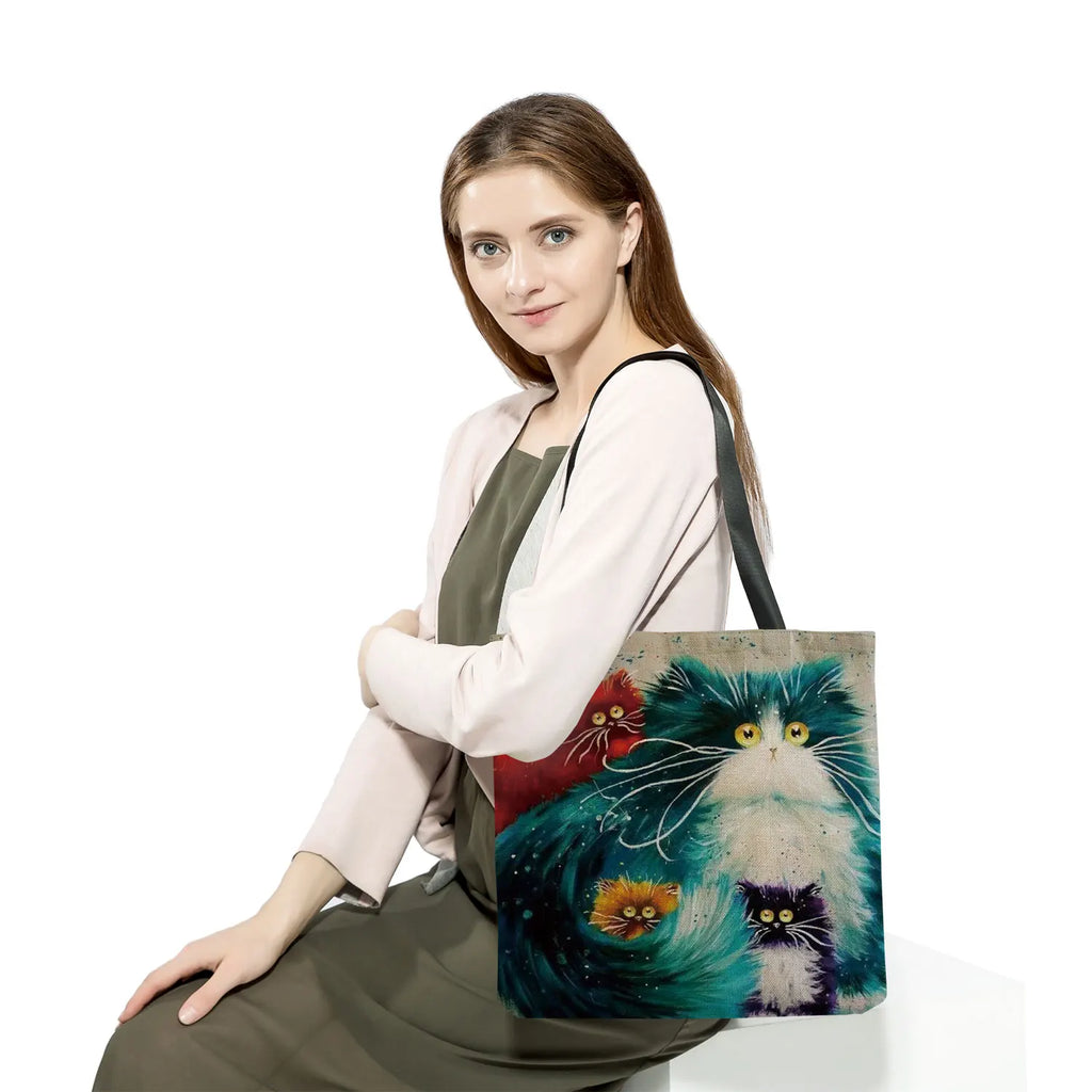 Cartoon Cat Print Tote Bag For Women Reusable Shoulder Bag