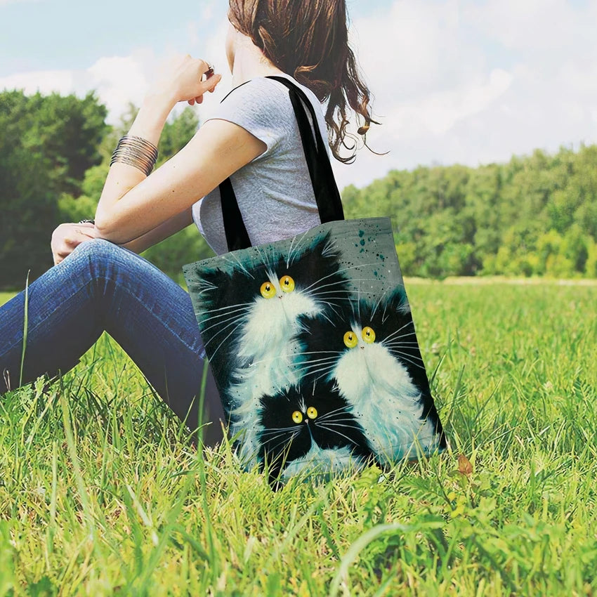 Cartoon Cat Printed Tote Bag Linen Fabric Shoulder Bag for Women