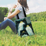 Cartoon Cat Printed Tote Bag Linen Fabric Shoulder Bag for Women