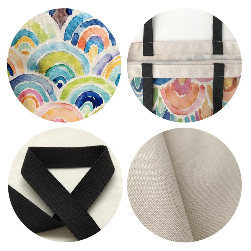 Cartoon Cat Printed Tote Bag Linen Fabric Shoulder Bag for Women