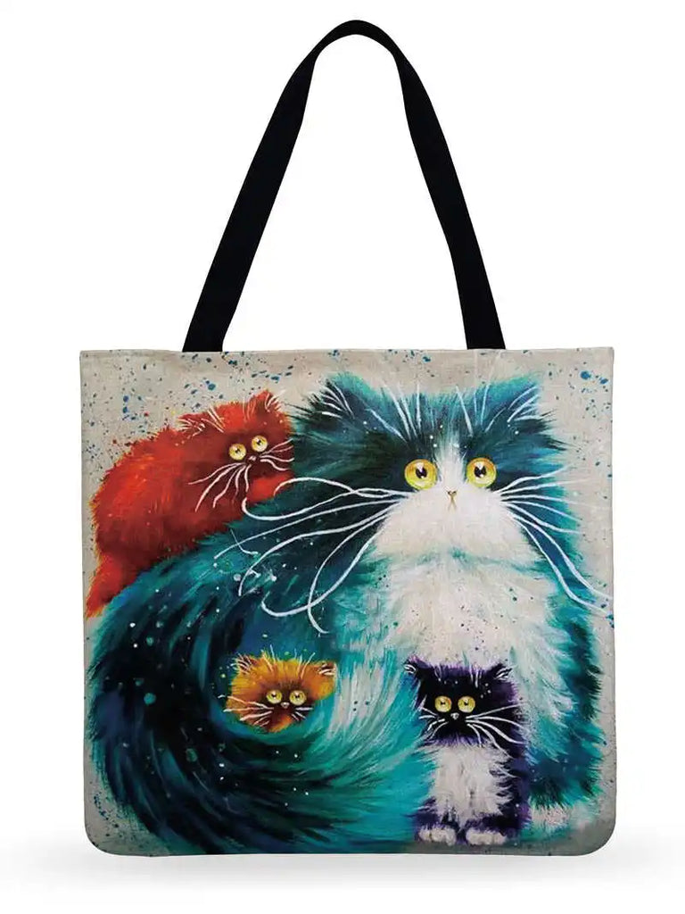 Cartoon Cat Printed Tote Bag Linen Fabric Shoulder Bag for Women