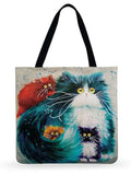 Cartoon Cat Printed Tote Bag Linen Fabric Shoulder Bag for Women