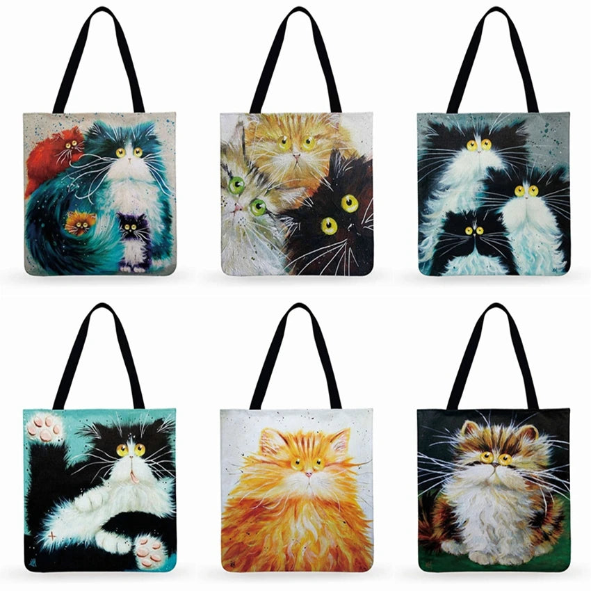 Cartoon Cat Printed Tote Bag Linen Fabric Shoulder Bag for Women