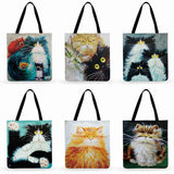 Cartoon Cat Printed Tote Bag Linen Fabric Shoulder Bag for Women