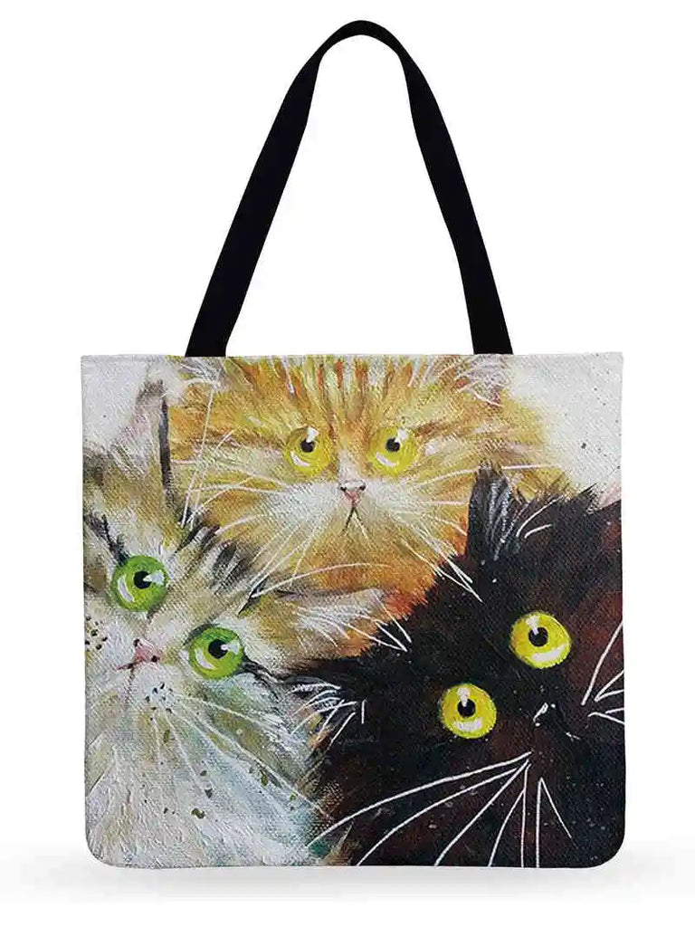 Cartoon Cat Printed Tote Bag Linen Fabric Shoulder Bag for Women