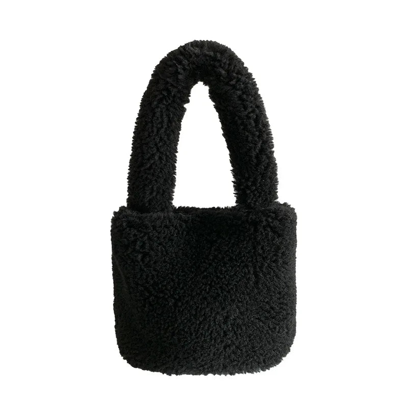 Faux Fur Small Bucket Handle Clutch Bag Lambswool Purses