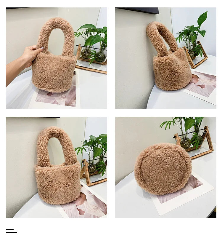 Faux Fur Small Bucket Handle Clutch Bag Lambswool Purses