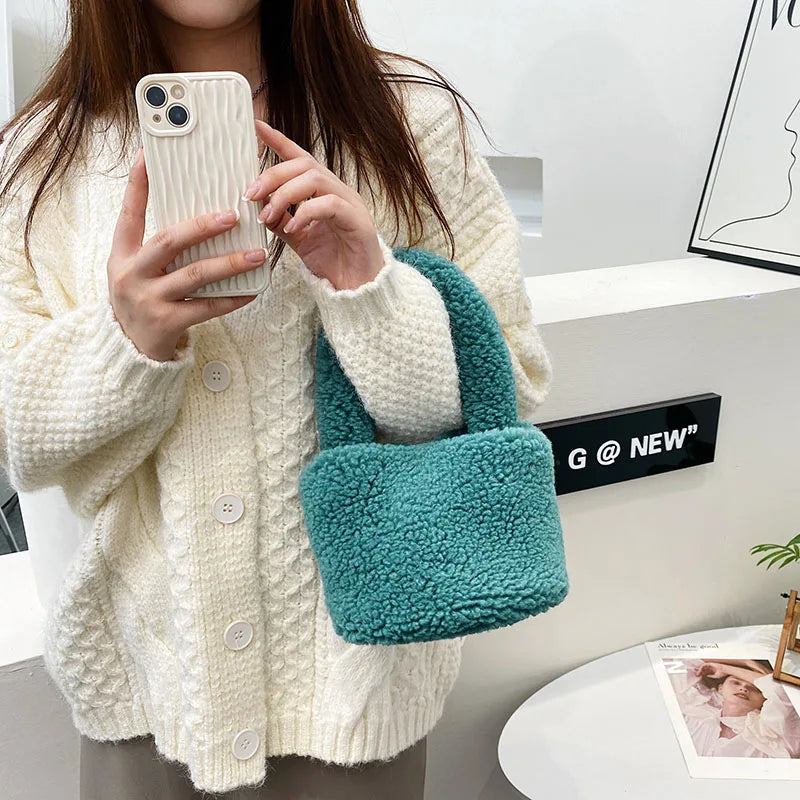 Faux Fur Small Bucket Handle Clutch Bag Lambswool Purses