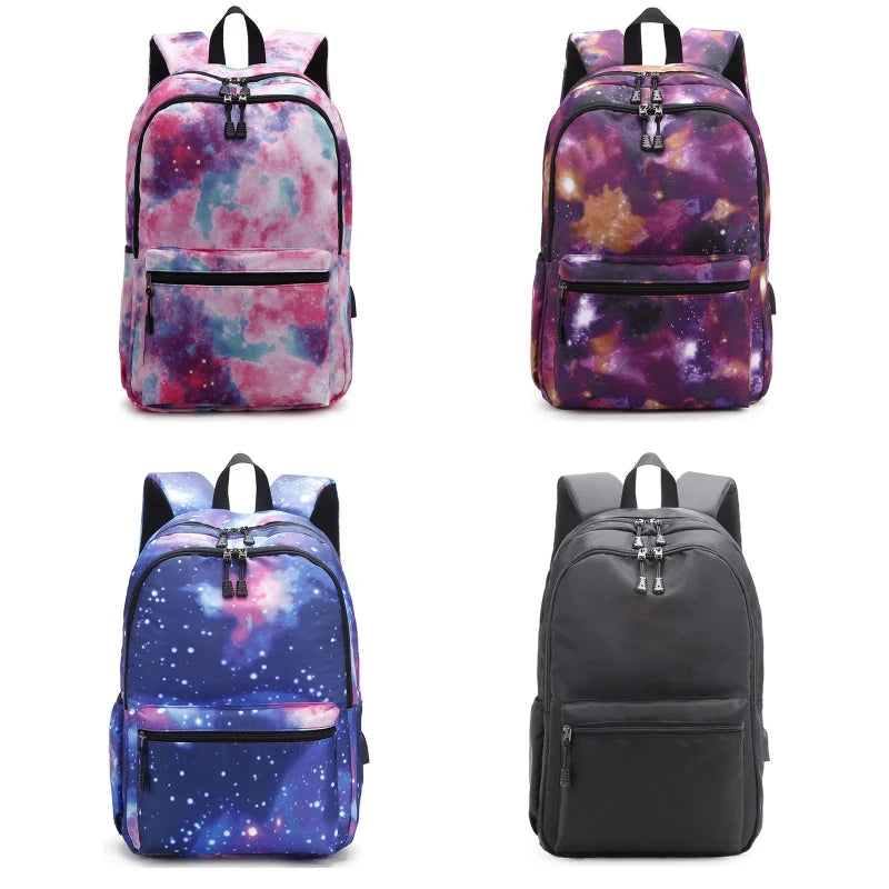 Galaxy Backpack School College USB Charging Port Teen Boys Girls Daypack