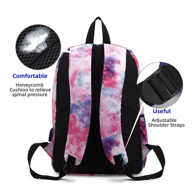 Galaxy Backpack School College USB Charging Port Teen Boys Girls Daypack