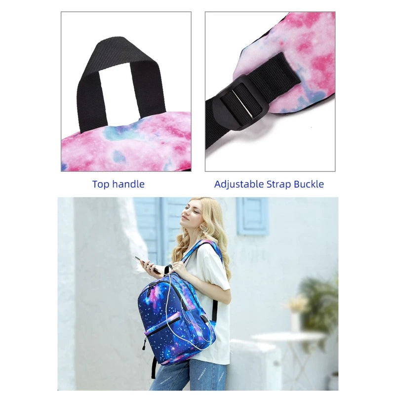 Galaxy Backpack School College USB Charging Port Teen Boys Girls Daypack