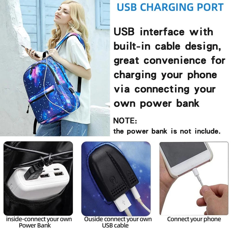 Galaxy Backpack School College USB Charging Port Teen Boys Girls Daypack