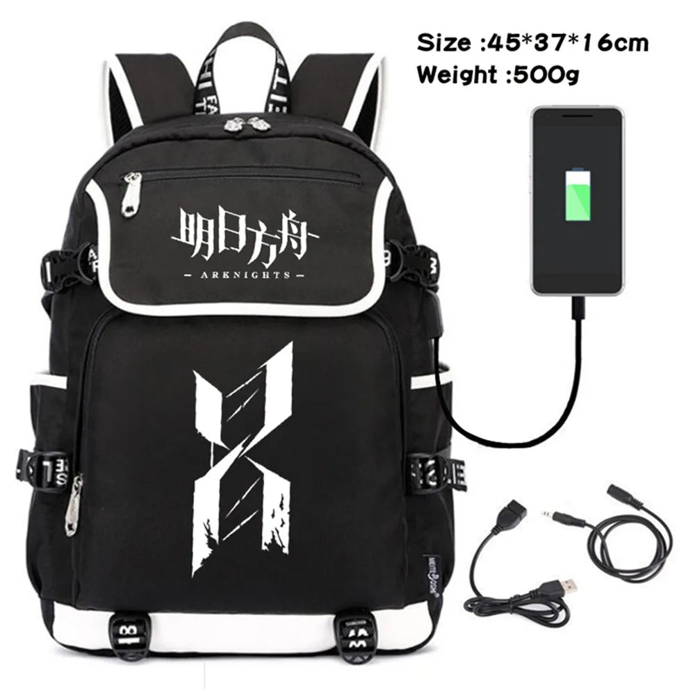 Arknights Canvas Backpack USB Charging Shoulders Teenagers Zipper Travel Laptop