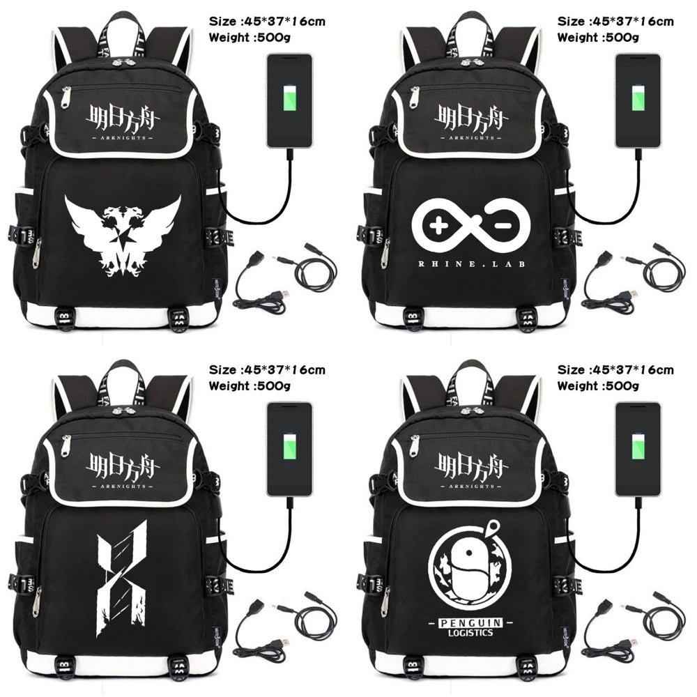 Arknights Canvas Backpack USB Charging Shoulders Teenagers Zipper Travel Laptop