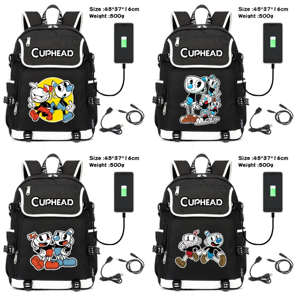 Cuphead Mugman Canvas USB Charging Teenagers Schoolbag Backpack