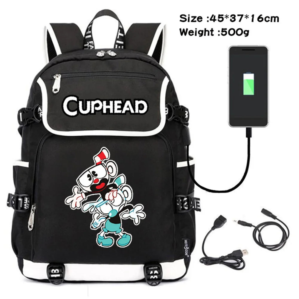 Cuphead Mugman Canvas USB Charging Teenagers Schoolbag Backpack