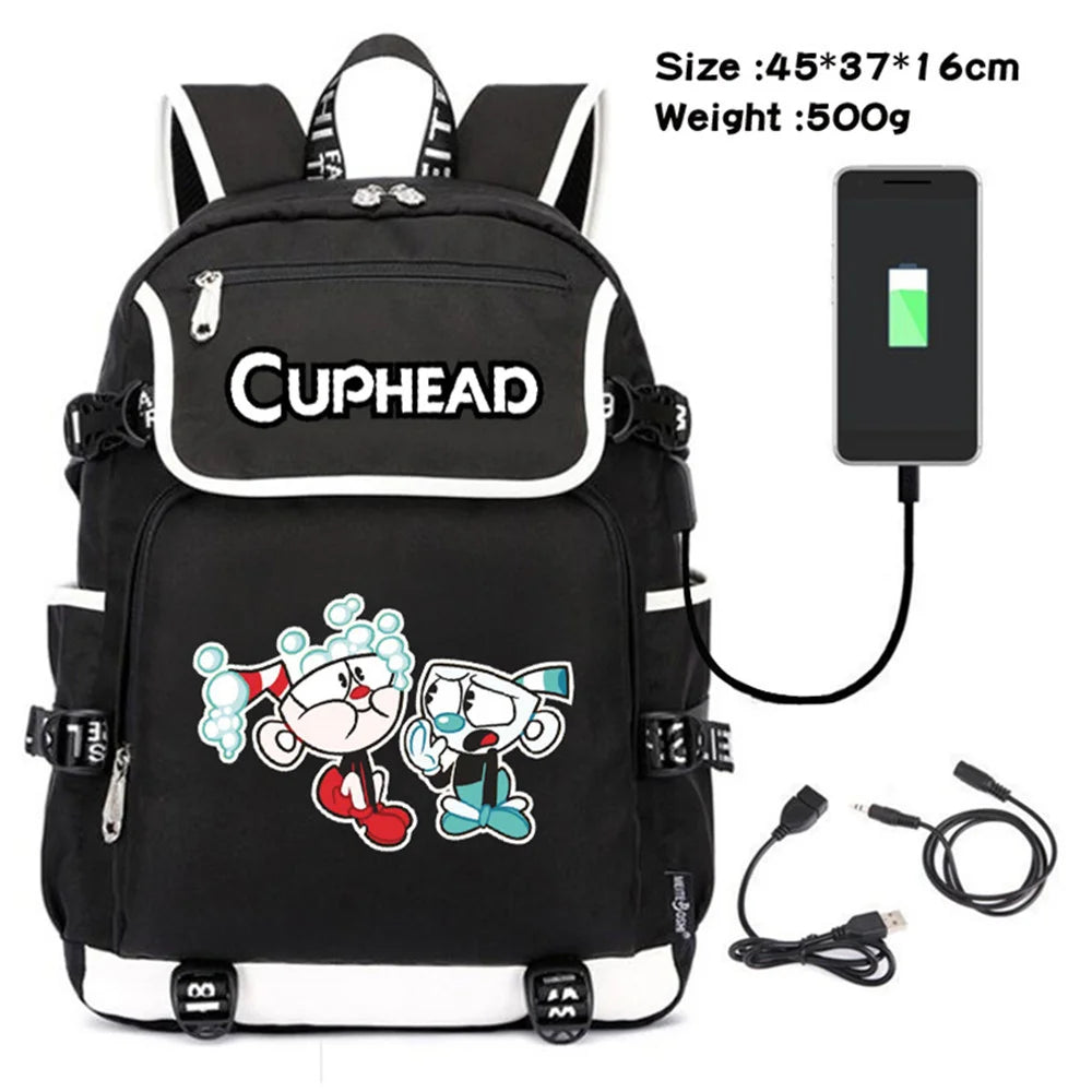 Cuphead Mugman Canvas USB Charging Teenagers Schoolbag Backpack
