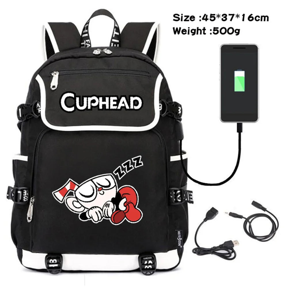 Cuphead Mugman Canvas USB Charging Teenagers Schoolbag Backpack